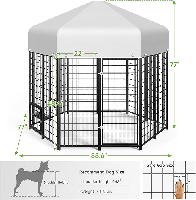 Outdoor Dog Kennel with Roof, Weatherproof Large Dog Kennel Outside with Swivel Feeders & Removable Doggy Door, Heavy Duty Hexagon Dog Run Pet Gazebo for Large Dogs (7.4'Lx7.4'Wx6.4'H)