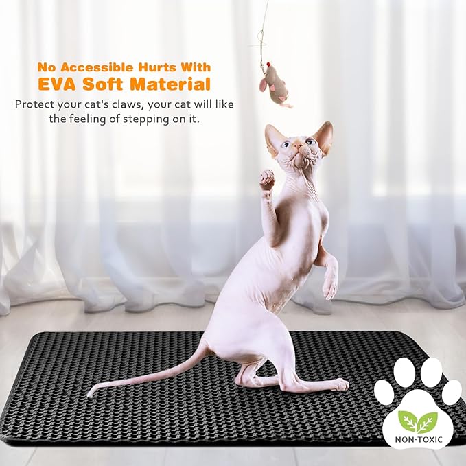 Waterproof Cat Litter Mat, Double Layer EVA, Odor-Free Large Grid, Urine Proof, Easy Cleanup (Black, 22 x 30)