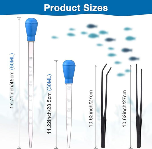 2Pcs Long Turkey Baster for Aquarium, with 2Pcs Feeding Long Tweezers Coral Feeder Kit for Aquarium Marine Fish Reef Aquatic Plant Spider Snake Lizard (Blue)