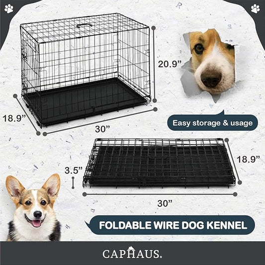 CAPHAUS Foldable Dog Crate Wire Metal Dog Kennel w/Leak-Proof Pan & Protecting Feet & Divider Panel, Single or Double Door, Small, Medium & Large Dog Crate Indoor Cage, 30” w/Single Door
