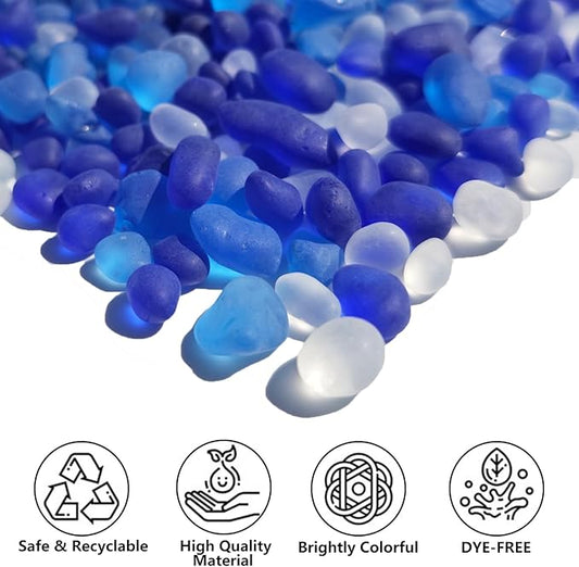 Sea Glass Stones - 0.9LB Frosted Glass Pebbles Gemstones - Perfect for Aquarium Rocks, Fish Tank Gravel, Vase Fillers, DIY Crafts, and Home Decor (Cobalt Blue, Aquamarine, White)
