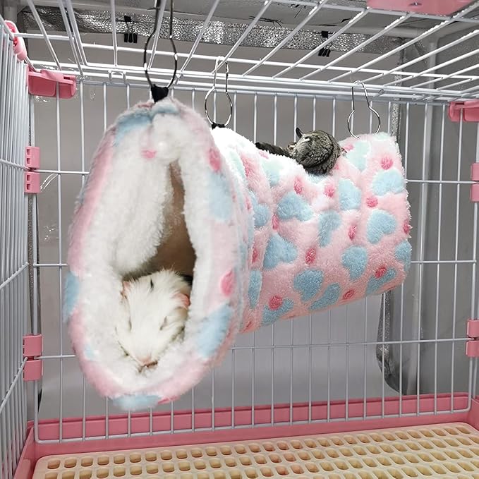 LEFTSTARER Guinea Pig Ferret Rat Hammock Toy Set - Small Animal Cage Accessories Hideout Tunnel & Bunkbed for Rat Ferret Guinea Pig Hamster Sugar Glider Chinchilla (Heart-Pink)