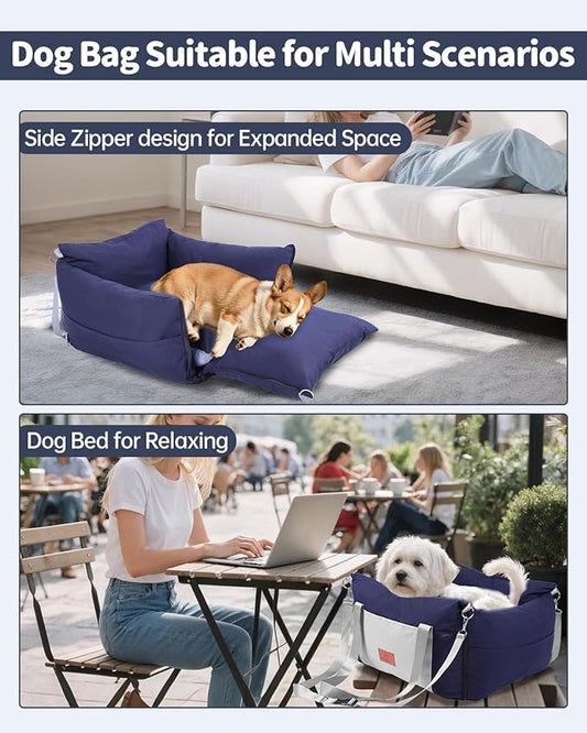 Medium Dog Car Seat for Medium Sized Dogs, Car Seat for Small Dogs with Side Zipper, Waterproof Dog Travel Bed in car with Storage Pockets Up to 25lbs, Memory Foam Filling for Max Support, Dark Blue