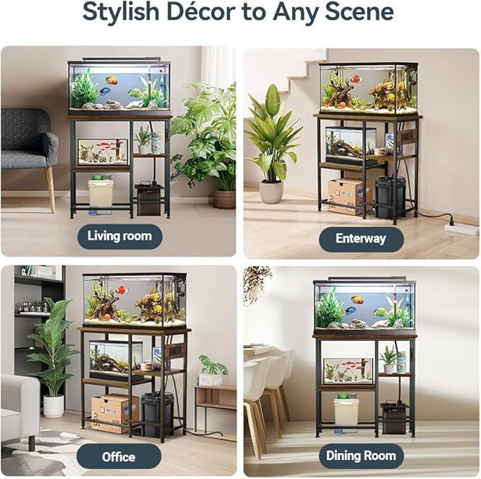 20-29-37 Gallon Fish Tank Stand with Power Outlet, Metal Aquarium Stand with Height-Adjustable Stoarge Shelves, 6-Leg Reptile Tank Stand, 400lbs Capacity