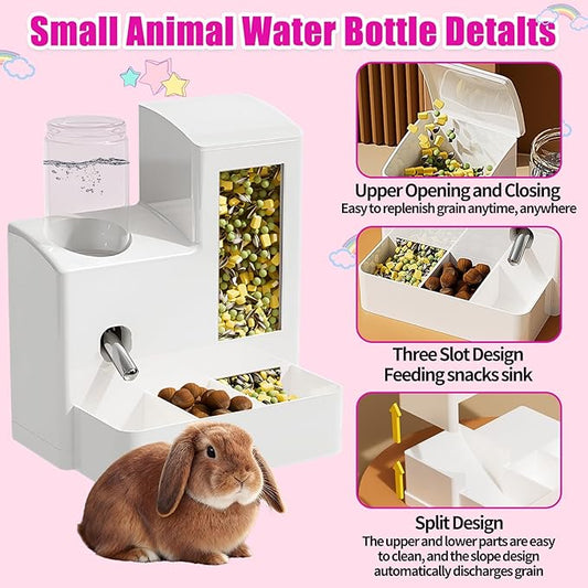 2 in 1 Guinea Pig Food Water Dispenser, Rabbit Water Bottle Leak-Proof, 2 in 1 No-Drip Automatic Dispenser for Guinea Pig Cage, Chinchilla, Ferret, Hamster Small Animal Waterer (White, 2 in 1)