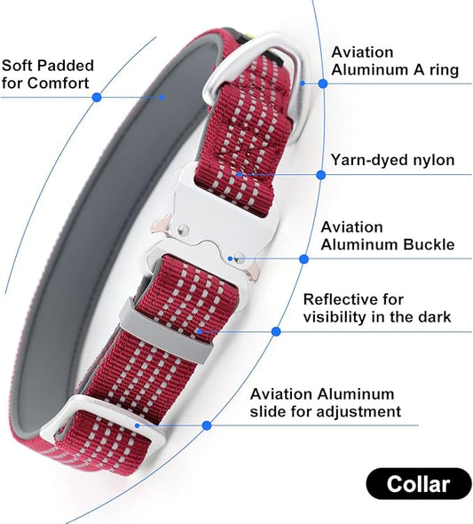 Plutus Pet Reflective Dog Collar with Aviation Aluminum Buckle, Neoprene Padded for Comfort, Lightweight, Heavy Duty Nylon Collar for Puppy Small Medium Large Dogs (Burgundy Red, S)