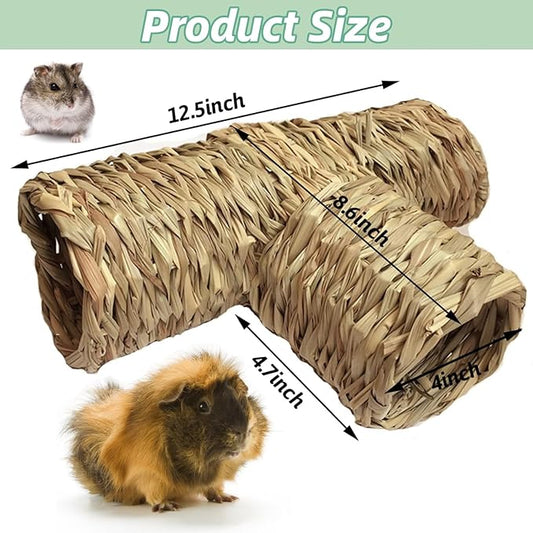 Hamiledyi Hamster Grass Tunnel Toy Nature's Hideaway Straw House with Open Entrance Guinea Pig Tunnel and Tube Home for Hamsters Rats Ferrets Guinea Pigs Chinchillas Hedgehogs and Birds