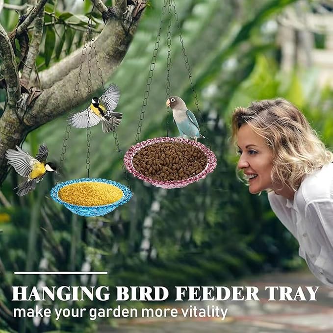 2 Pack Super Value Hanging Plastic Bird Baths and Feeders for Outdoors Bird Water Bowls and Seed Trays Set Attract Wild Birds Garden Yard Decor Gift (Blue)