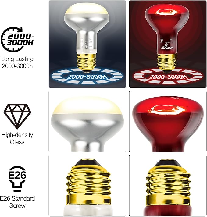 WACOOL 4Pack Reptile Heat Lamp Day & Night Kit 75W, Nature Simulated Basking Daylight & Nightlight UVA Heat Lamp Bulbs for Reptiles & Amphibians