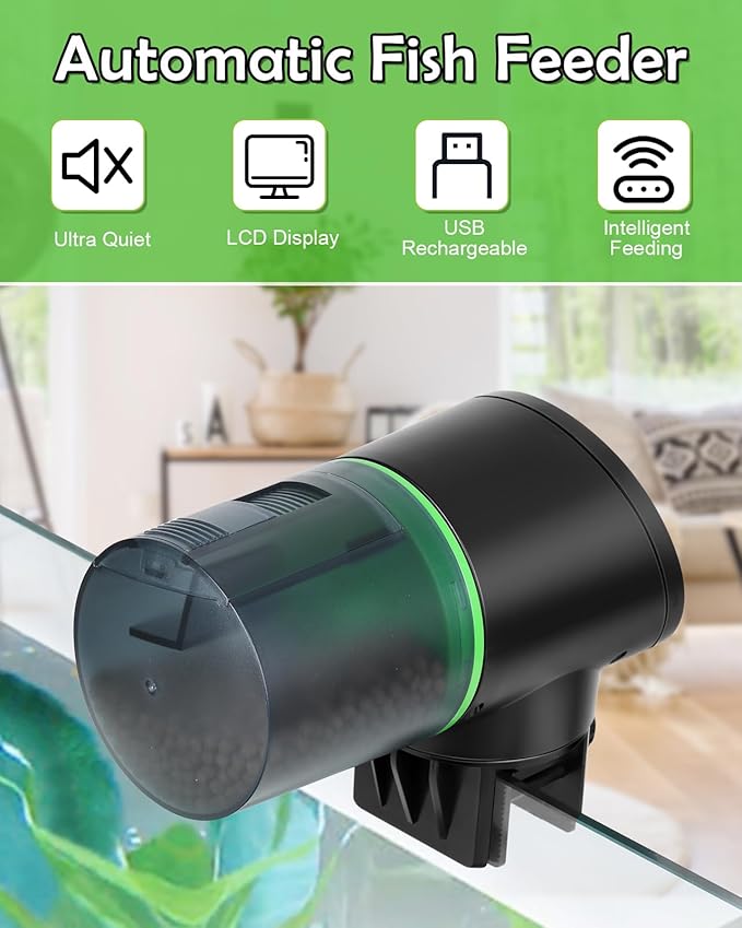 Automatic Fish Feeder for Aquarium - Rechargeable Fish Food Auto Dispenser Vacation Turtle Feeder with USB Charger Cable,LCD Screen, Customized Schedule,Black