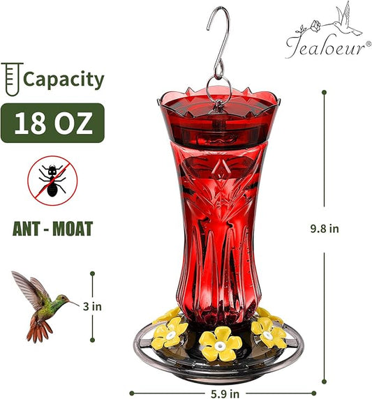 Hummingbird Feeders for Outdoors, Durable Hanging Humming Birds Feeders with 6 Bee Guard Feeding Ports & Built-in Ant Moat, Easy to Clean, Ideal for Garden Decor, 18 OZ, (1, Red)