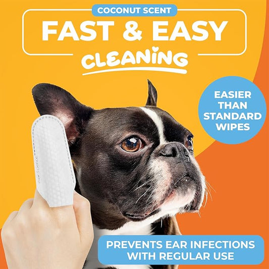 Dog Ear Cleaner Wipes – Finger Wipes for Dogs & Cats – Cleaning, Soothing, & Deodorizing Itchy Ears – Pet Ear Relief Solution (Coconut)