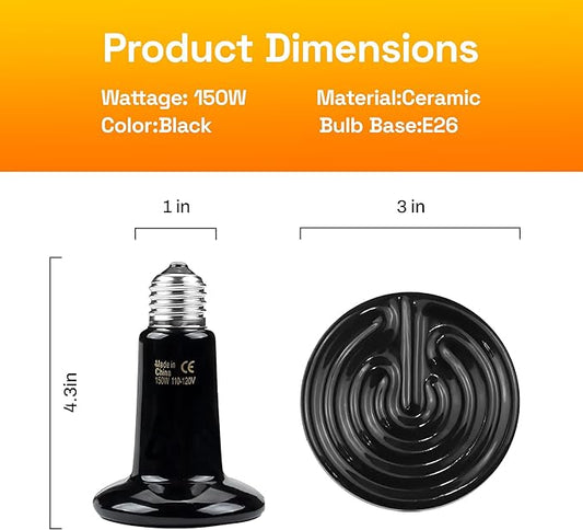 BN-LINK 150W Reptile Heat Lamp 2-Pack, Ceramic Heat Emitter Bulbs, No Light Heat Lamp for Reptiles, Chickens, Lizard, Turtle, Snake