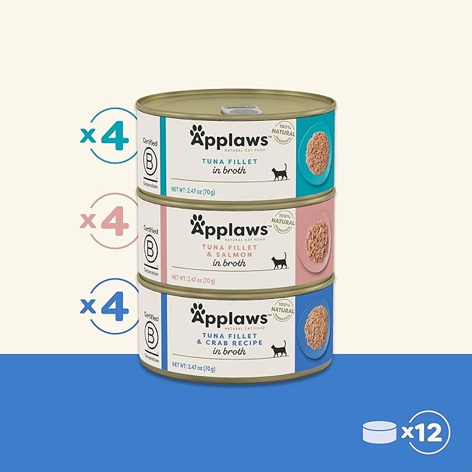 Applaws Natural Wet Canned Cat Food, Limited and Natural Ingredients, High Protein with No Artificial Additives, Fish Selection Variety Pack in Broth (12 x 2.47oz Cans)