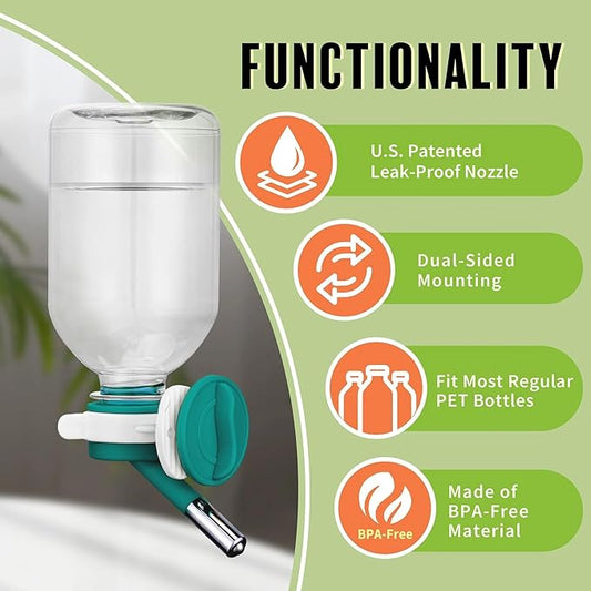 Choco Nose No-Drip Water Bottle Feeder for Hamsters, Hedgehogs, Gliders, Mice, Gerbils, & Small Pets 10.2 fl.oz, 300ml - Easy to Install in Cages/Crates, US Patented Leakproof Nozzle 10mm, Green(C125)