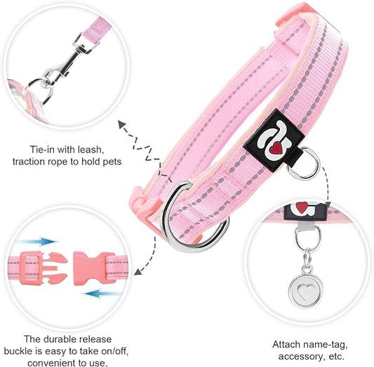 azuza Reflective Dog Collar,Soft Neoprene Padded Pet Collar with ID Tag Ring,Adjustable for Small Dogs,Pink,S