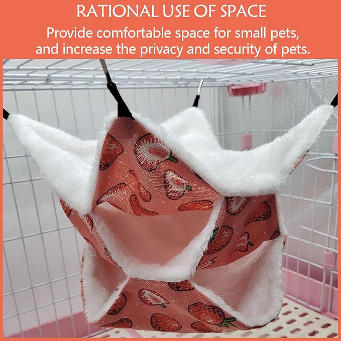 LEFTSTARER Triple-Layer Sugar Glider Hammock Small Pet Animal Cage Accessories Bed for Rat Guinea Pig Ferret Hamster Chinchilla Playing Sleeping (1pcs Grey &1pcs Strawberry)