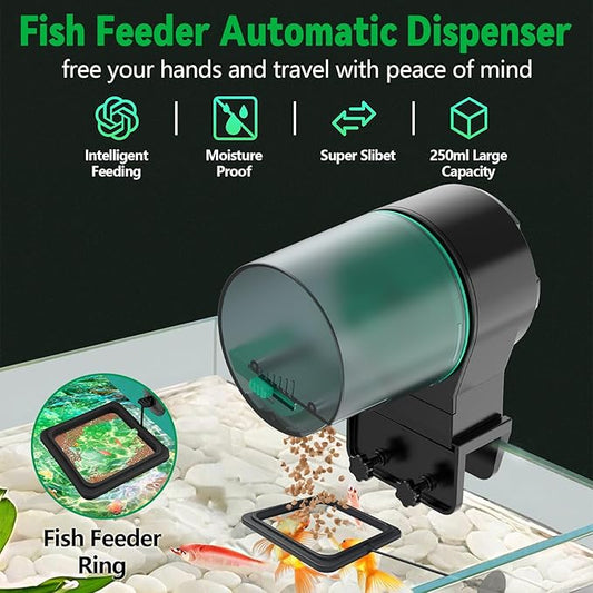 Automatic Fish Feeder for Aquarium, Auto Food Dispenser with Timer, 250 ml Fishs Feeder for Pellets Granules & Strips, Automatic Fish Dispenser for Small Tank, Big Aquariums & Pond