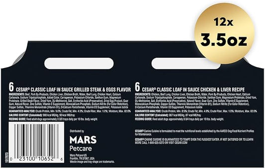 Cesar Wet Dog Food Classic Loaf in Sauce Breakfast and Dinner Mealtime Variety Pack, 3.5 oz. Easy Peel Trays (12 Count, Pack of 1)