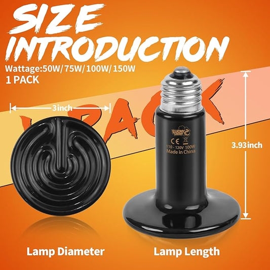 LUCKY HERP Reptile Heat Lamp - 100W Ceramic Heat Emitter Reptile Heat Lamp Bulbs (1 Pack), No Light Ceramic Heat Bulb, Heat Lamp for Reptiles Amphibian Chicken Pet Brooder Coop Lizard Turtle