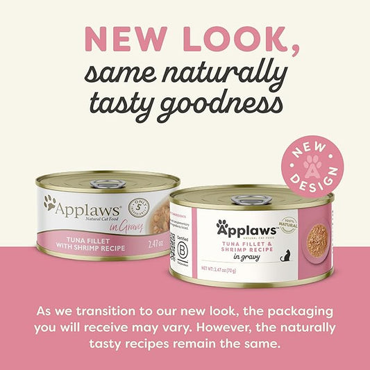 Applaws Natural Wet Cat Food, Made with Limited and Natural Ingredients, High Protein with No Artificial Additives or Fillers, Tuna Fillet & Shrimp in Gravy (24 x 2.47 oz Cans)