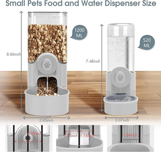 Yummy Sam Hanging Cage Automatic Small Pet Food Bowl Water Bottle Dispenser, Detachable Auto Gravity 1.2L Self-Feeding Feeder and 0.52L Waterer Set Kennel Feeding Station for Puppy Cats Rabbit(Grey)