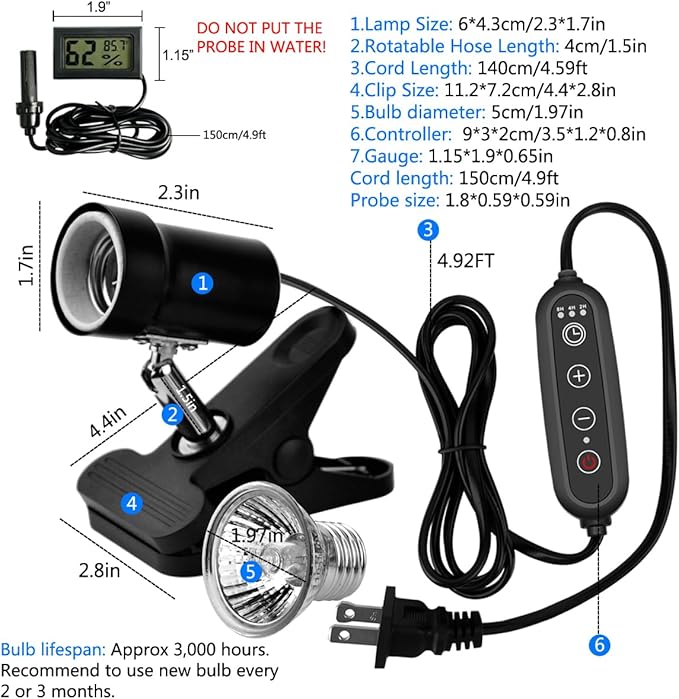 DOMICA Dimmable Reptile Heat Lamp with Timer + 50W UVA UVB Light Bulb, Basking Spot Light Simulated Sunlight, Heating Lamp for Turtle, Lizard, Snake, Beared Dragon, Amphibians