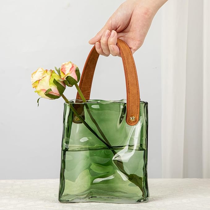 Glass Purse Vase for Flowers Green Vases for Centerpieces Glass Bag Vase with Leather Handle Small Handbag Vases for Decor Decorative Fish Bowl for Home Wedding Decor