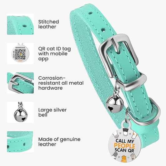BRONZEDOG Leather Cat Collar with Removable Bells Non Breakaway Kitten QR Tag for Girl Boy (7" - 9" for Cats, Turquoise & Silver)