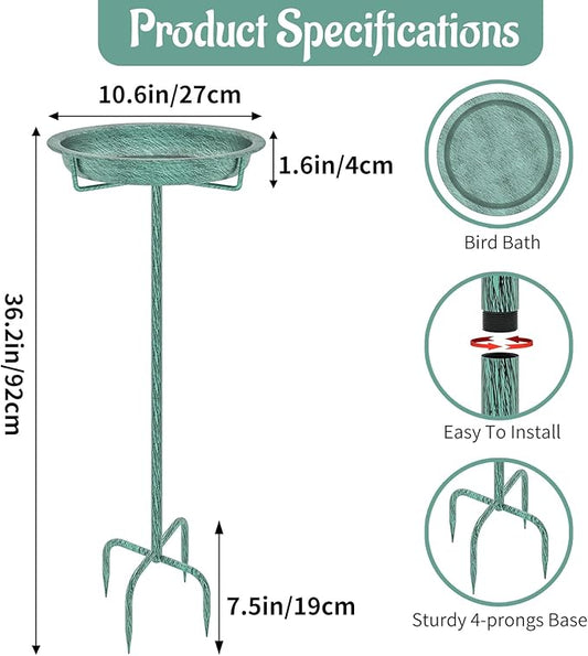 Metal Bird Bath for Outside, 36.2" Height Birdbath Bowl Standing Bird Feeders for Outdoors with 4 Prongs Base Stake, Freestanding Birdfeeders for Garden Yard Lawn Decor (Retro Green)