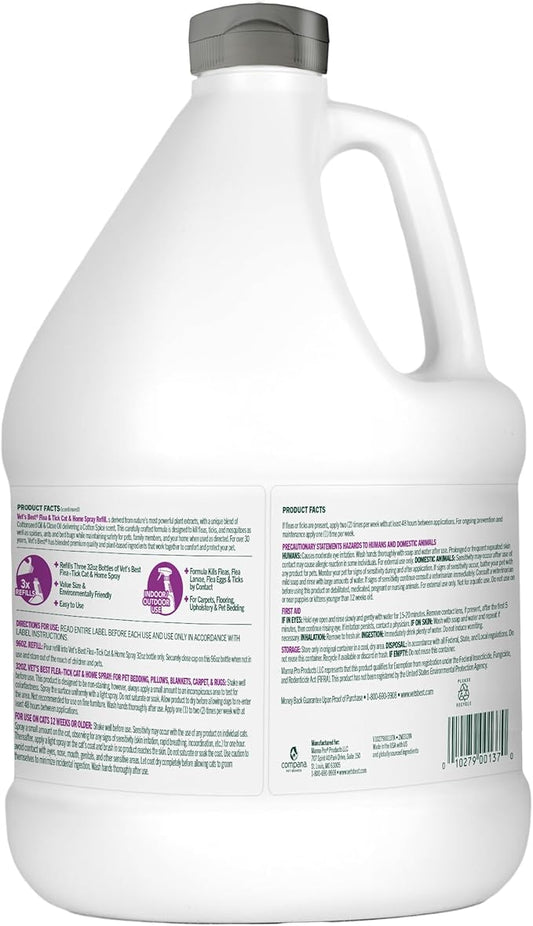 Vet's Best Natural Flea & Tick Home Spray for Cats – Cotton Spice Scented Indoor Pest Control Mist – Natural Flea Prevention with Certified Plant-Based Ingredients – 96 oz Refill – Made in USA