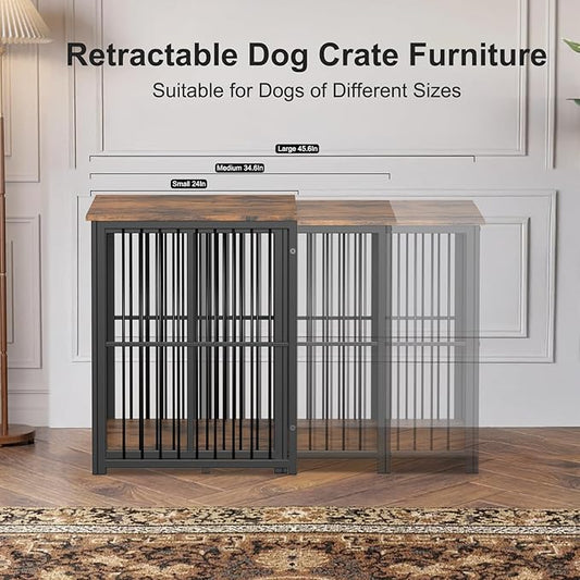 Erinnyees 45.6" Dog Crate Furniture, Wooden Dog Kennel with Retractable Design for Small Medium Large Dogs, Heavy-Duty Side Table Style Indoor Dog Cage with Cushion, 24–45.6 Inch