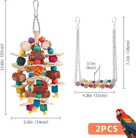 2 pcs Parrot Toys, Natural Corn Cob Bird Chewing Toys and Bird Swing Toy, Bird Cage Accessories for Cockatiels, African Grey Parrots, Macaws, Sun Conure to Exercise Beak Strength