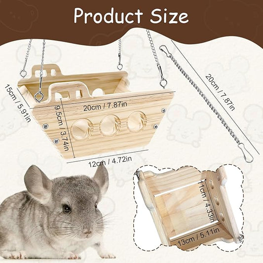 Natural Wood Chinchilla Toy Hammock for Cage Swing, Hanging Chinchilla Bed, Wooden Toys and Cage Accessories, Hut Ledges and Platforms for Indoor Habitat Enrichment