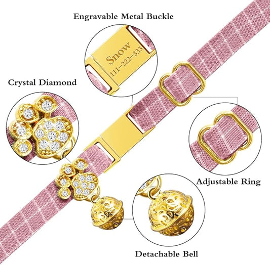 Personalized Breakaway Cat Collars - Magnetic Buckle, Bell - Safety Quick Release, Customized for Girls & Boys Cats - Herringbone
