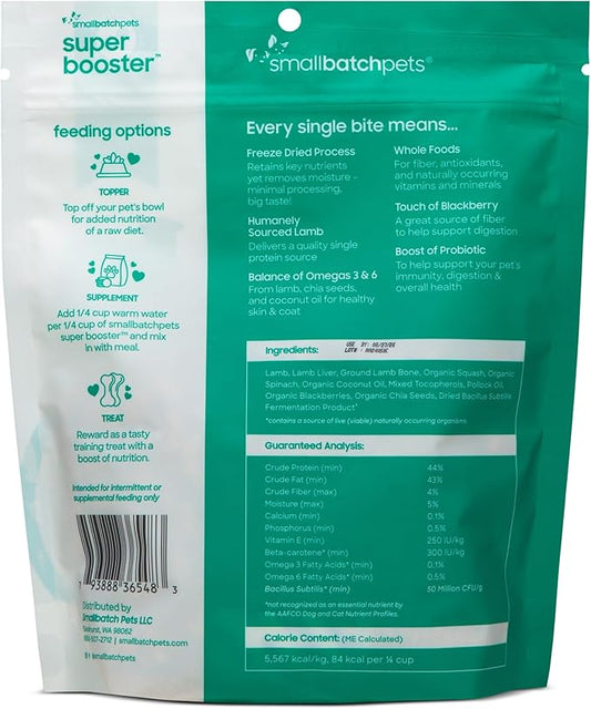 smallbatch Freeze Dried Dog Treats, Superfood Food Topper Lamb Bites for Dogs & Cats, Probiotics, Organic Ingredients, High Protein, Grain Free Healthy Treat or Food Topper, Made in The USA, 7 oz Bag