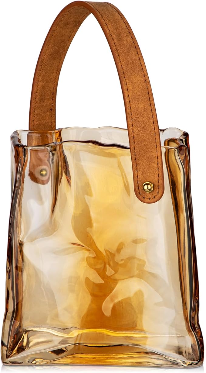 Glass Purse Vase for Flowers Amber Vases for Centerpieces Glass Bag Vase with Leather Handle Small Bag Vases for Decor Decorative Fish Bowl for Home Wedding Decor