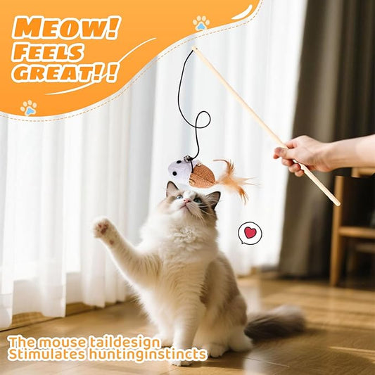 Cats Wand Toy Cat Teaser Toy Stretchy Rope Mouse Shape with Bell Feather Cat Self-Help Relief Toys Bite and Wear Resistant Pet Interactive Toy Suitable for Kittens Adult Cats Households