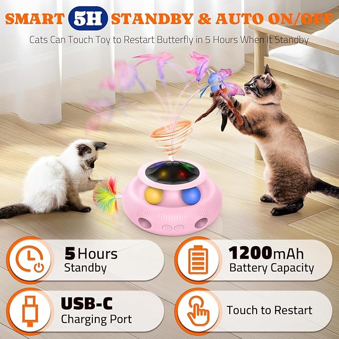 Interactive Cat Toy: 3 in 1 Automatic Cat Toy for Indoor Cats, Electric Kitten Toy with Rechargeable Battery, Self Play Kitty Toys with Rotating Fluttering Butterfly,Track Ball and Ambush Feather,Pink