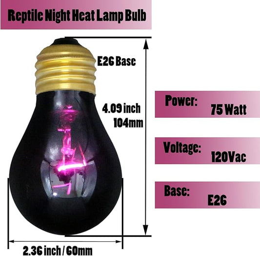 Reptile Heat Lamp 75W, Night Heat Bulb Simulate Nature Moonlight Purple Bulbs, Amphibians Basking Spot Light Bulb for Bearded Dragon, Gecko, Snake, Lizard and Turtle, E26 Base, 2 Pack