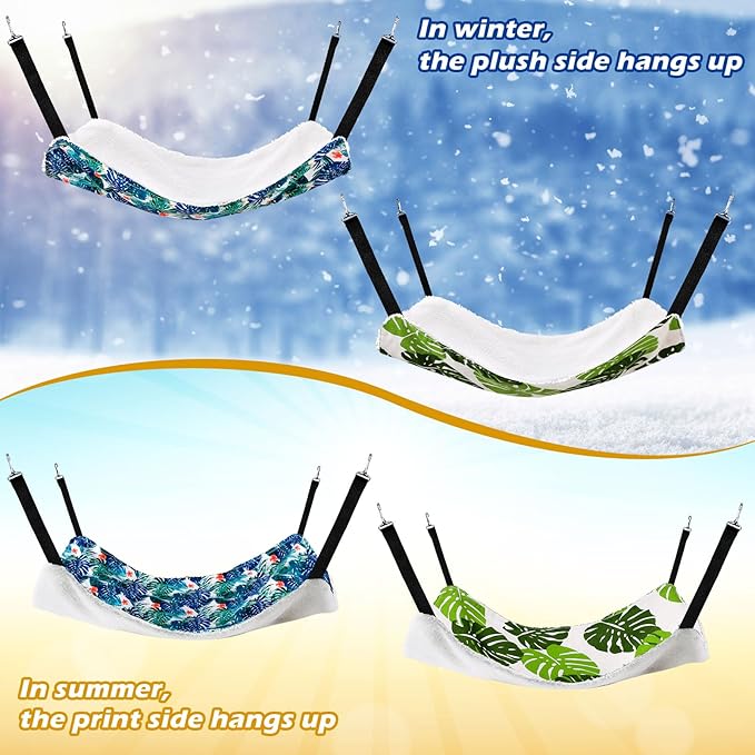 2 Pieces Reversible Cat Hanging Hammock Soft Breathable Pet Cage Hammock with Adjustable Straps and Metal Hooks Double Sided Hanging Bed for Small Dogs Rabbits(Monstera Leaf,M)