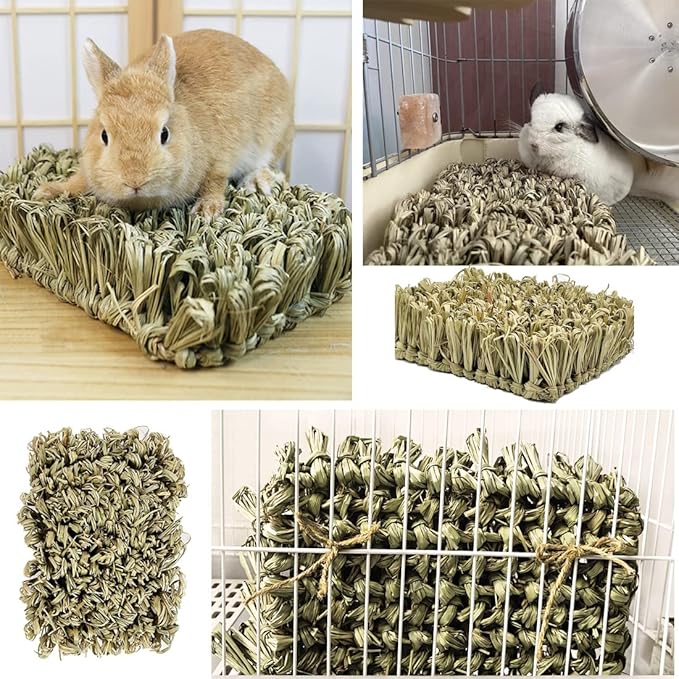 Hamiledyi Rabbit Grass Bed Bunny Natural Straw Woven Mat Guinea Pig Hay Mat Chew Mat for Rabbit Guinea Pig Chinchilla Squirrel Hedgehog(10.6x7.5x3.5inches)