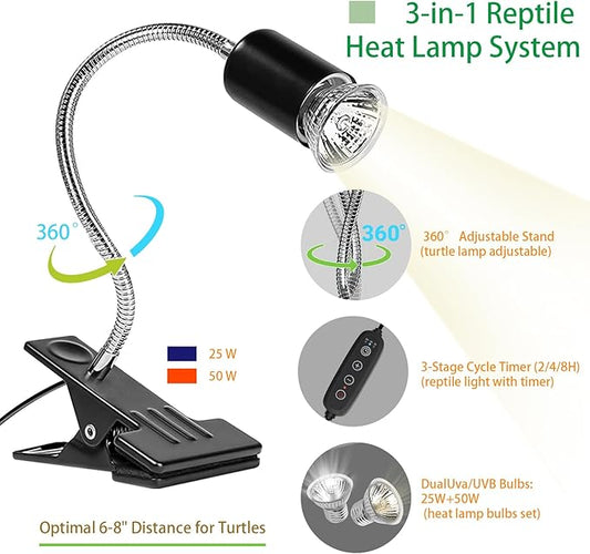 Reptile Heat Lamp Turtle Light - Long Lasting Ceramic Socket Basking Lamp with Auto Timer & Dimmer, 2 E27 Bulbs (25W & 50W) with UVB Support & Test Card for Turtles, Tortoises, Bearded Dragons, Geckos