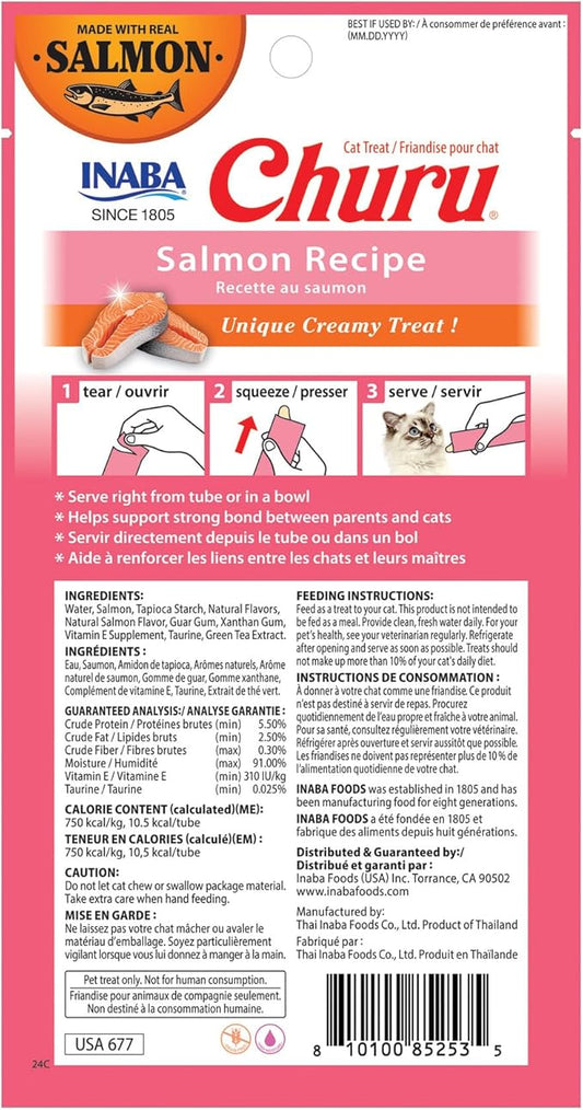 INABA Salmon Churu Cat Treats, Lickable, Squeezable Creamy Purée Cat Treat with Green Tea Extract & Taurine, 0.5 Ounces Each Tube, 24 Tubes (4 per Pack), Salmon Recipe