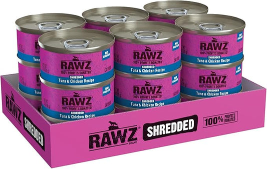 Rawz Natural Premium Shredded Canned Cat Wet Food - Grain Free Made with Real Meat Ingredients No BPA or Gums - 3oz Cans - 18 Count (Tuna & Chicken)