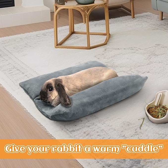 MEWTOGO 15.7 x 14In Rabbit Bed, Thickened Soft Bunny Concave Bed, Cuddle Cushion Plush Mat with Cotton Lounger Pillows, Small Pet Flop Mat for Cage Sleeping Indoor, Gray