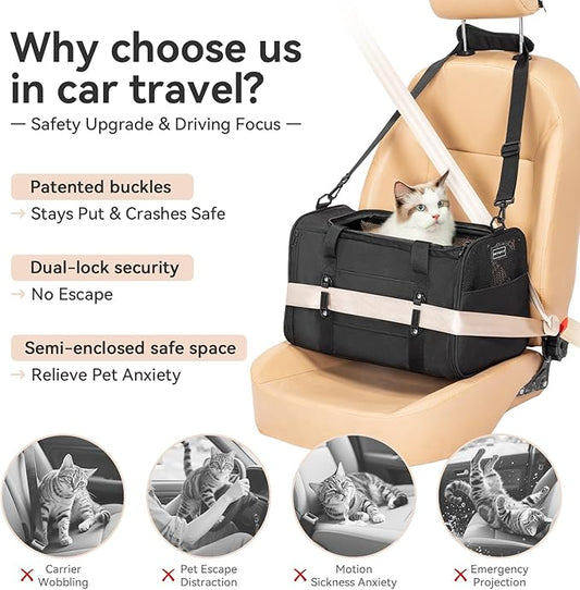 Petsfit Large Cat Carrier for 2 Cats, Lightweight Collapsible Double Cat Carrier for Travel, 4-Sided Breathable Mesh, with Adjustable Shoulder Strap, Locking Zipper and Washable Fleece Pad Black