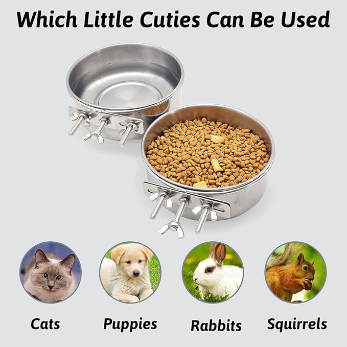 Hamiledyi 2 Pcs Dog Crate Bowl Stainless Steel Puppy Bowls Durable Spill-Proof Pet Water Bowl Hanging Water/Food Metal Bowls for Puppy Medium-Sized Dogs Cats (5.51'' x 2.2'')