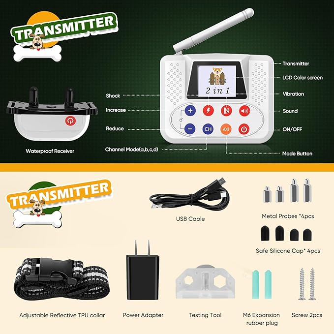 Wireless Dog Fence, Electric Fence for Dogs with Shock Collar, Big Colored LCD Screen, 2 in 1 Portable Pet Fence Outdoor for Yards, Adjustable for Small, Medium, Large Dogs