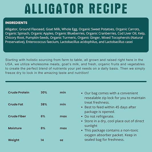 Freeze Dried Raw Dog Food, Alligator Recipe, All Natural, No Synthetics, Made in USA with Goat's Milk & Organic Produce, High Protein, Complete Meal (14oz)